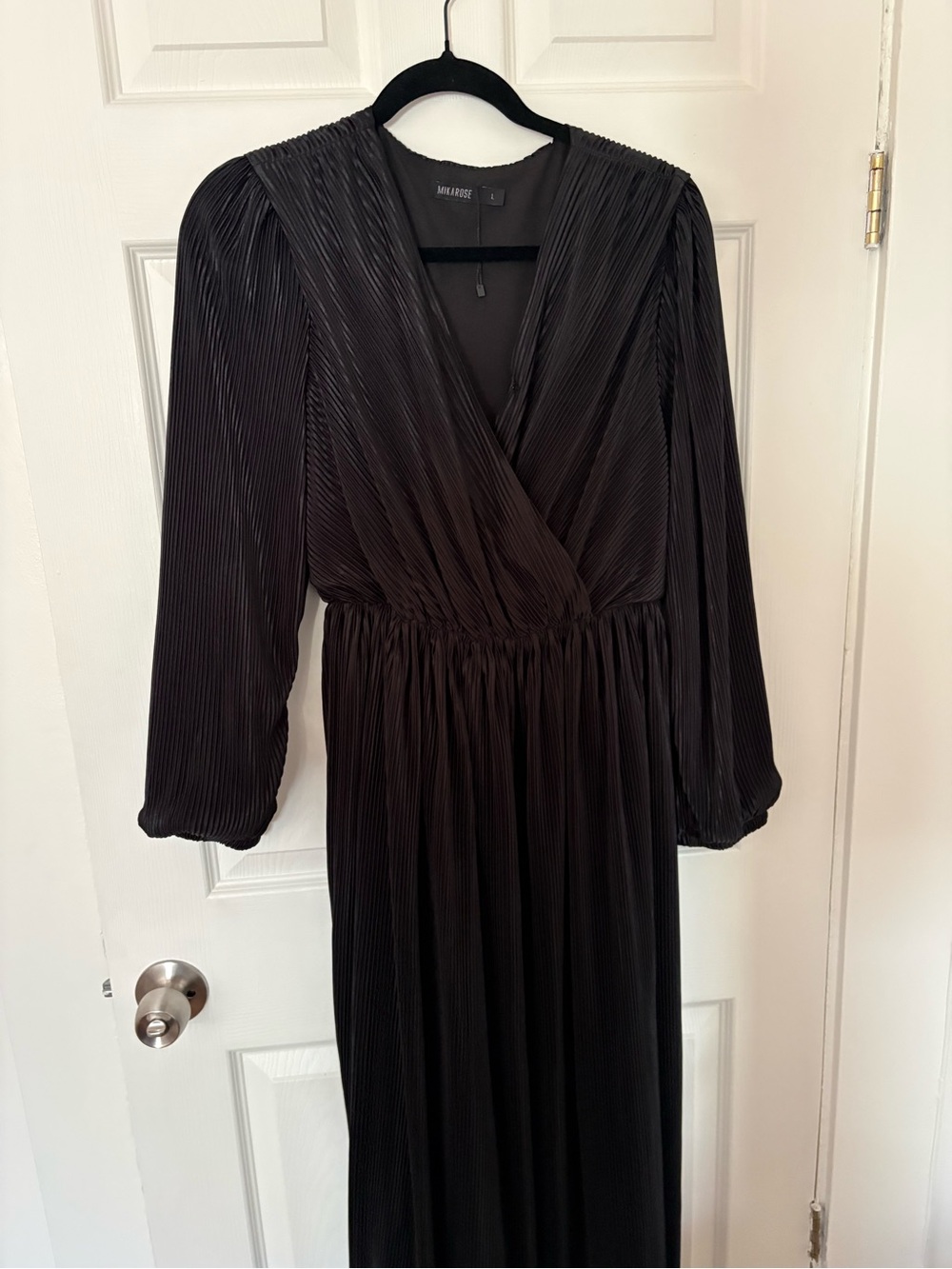 Mikarose Black Pleated Surplice Long-Sleeve Maxi Dress